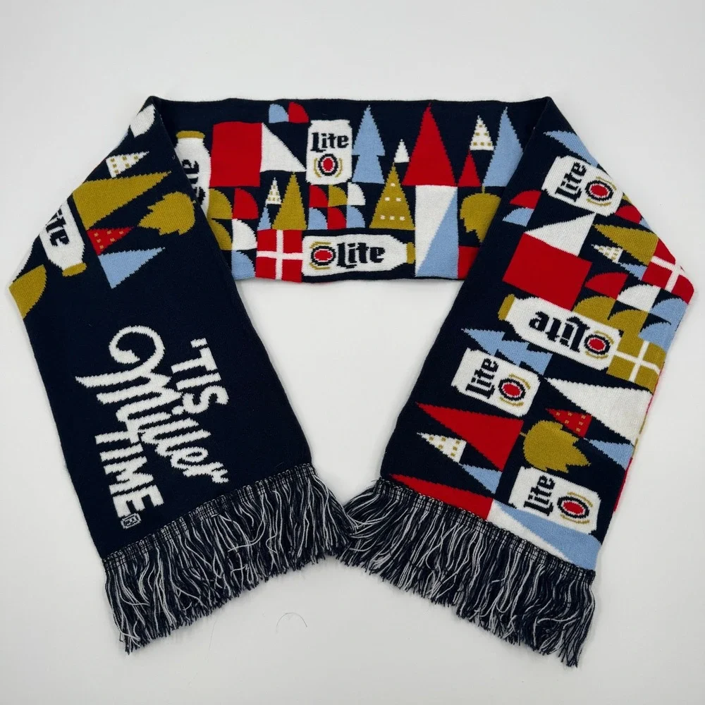 Miller Lite Tis Miller Time Knit Holiday Scarf Navy Blue‎ Beer Can Fringe A1387